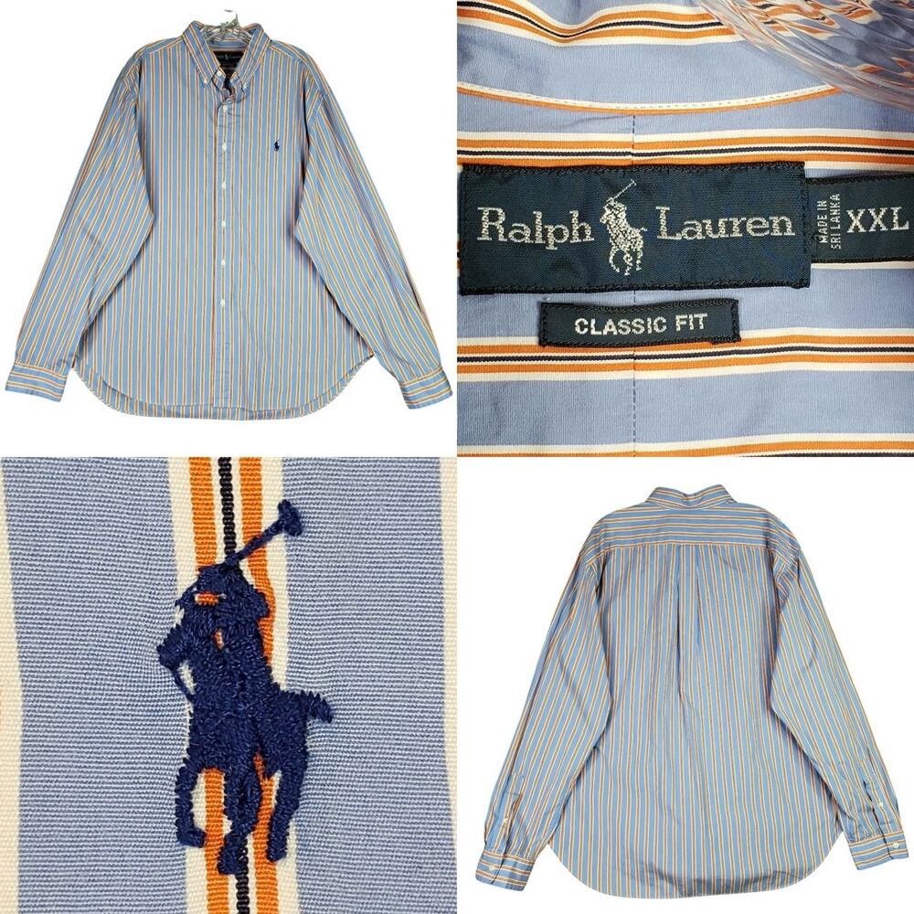 Polo Ralph Lauren Oxford Shirt Mens Size XXL Stripe Blue Orange Button Down
